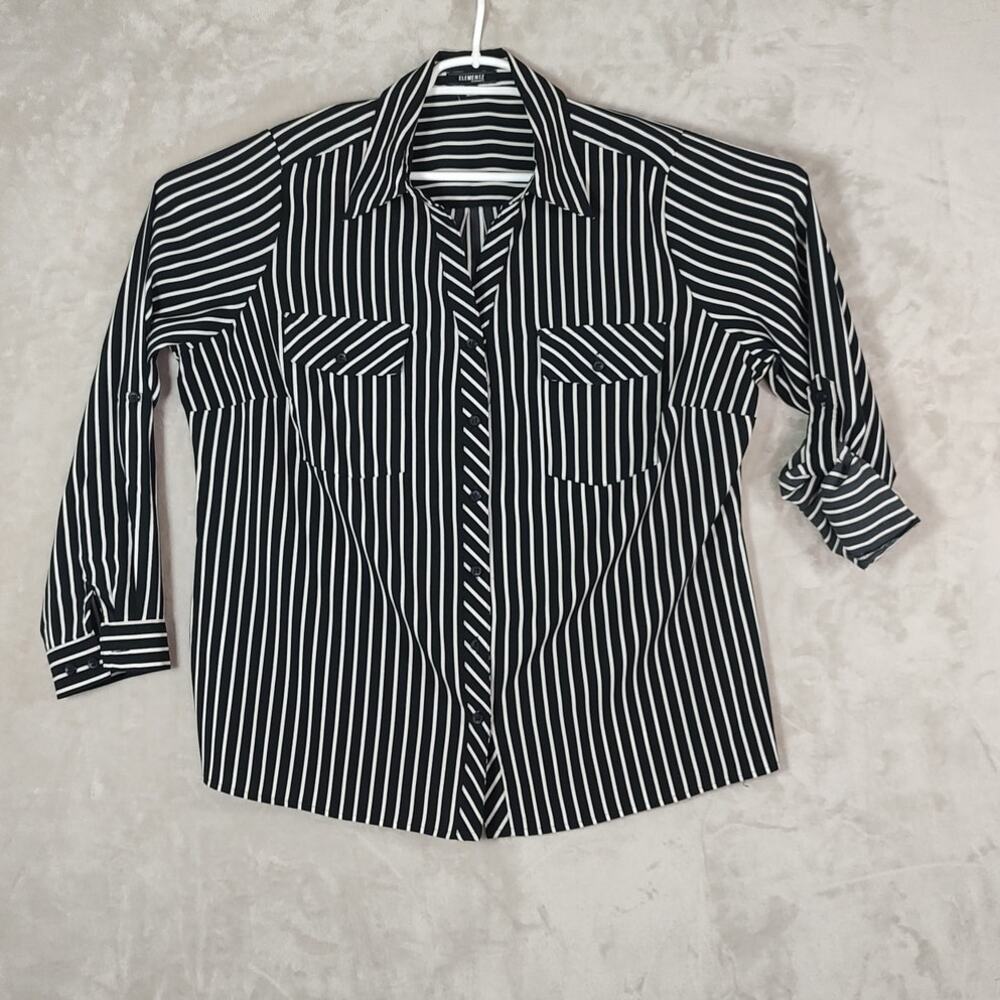 Elementz Women's Plus Size 2X Black White Striped Button-Down Roll-Tab Sleeves